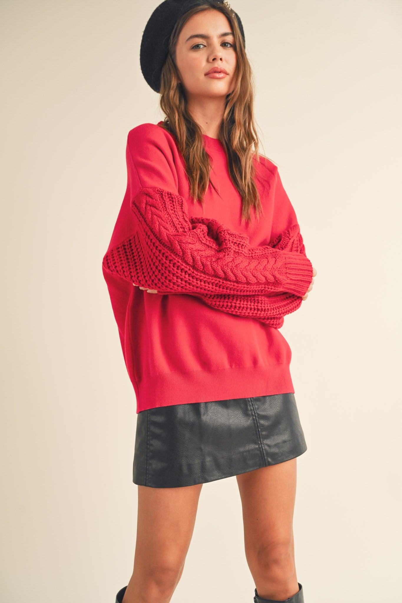 Cable sleeve sweater-Red