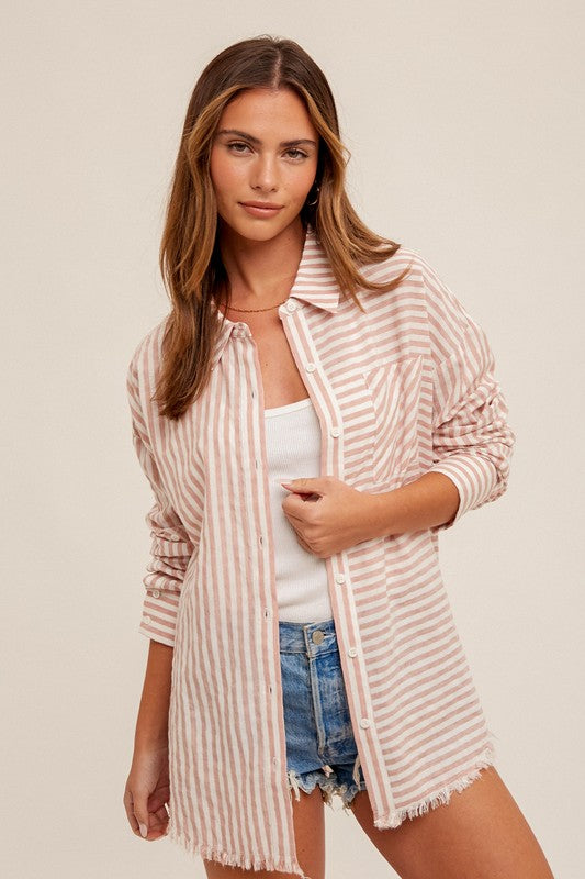 Loose Fit  Stripped Button Down- Mauve