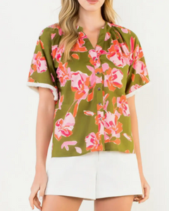 Button Down Fringe Sleeve Floral Top