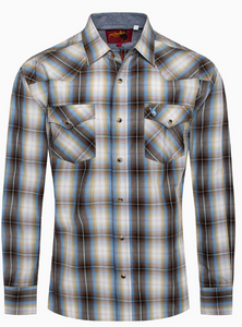 Brown & Blue Plaid Pearl Snap