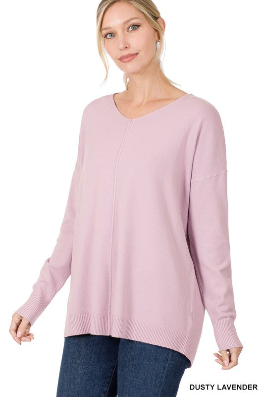 V-Neck open seam Sweater-Dusty Lavender