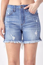 Load image into Gallery viewer, HR Mid Thigh Distressed Risen Shorts

