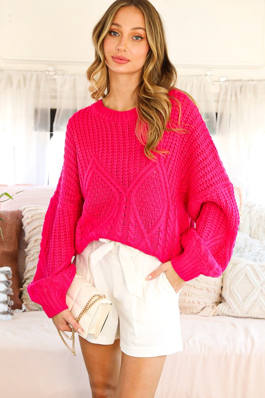 Cable Knit Detail Sweater- Fuchsia