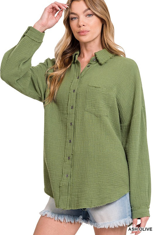 Raw hem buttoned long sleeve top-Ash Olive