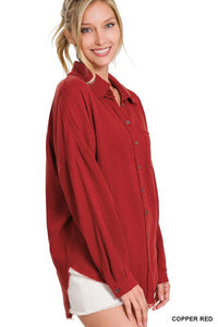 Raw hem buttoned long sleeve top-Red