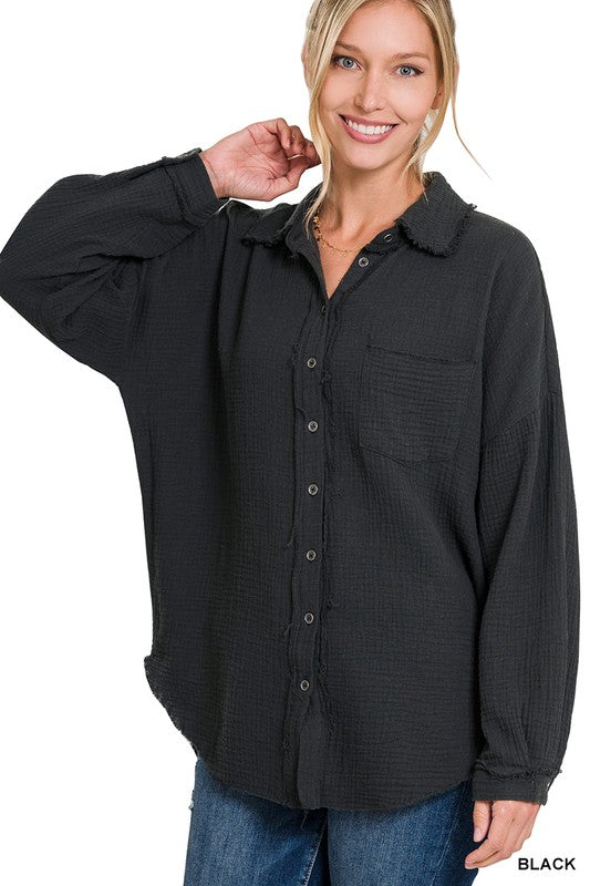 Raw hem buttoned long sleeve top-Black